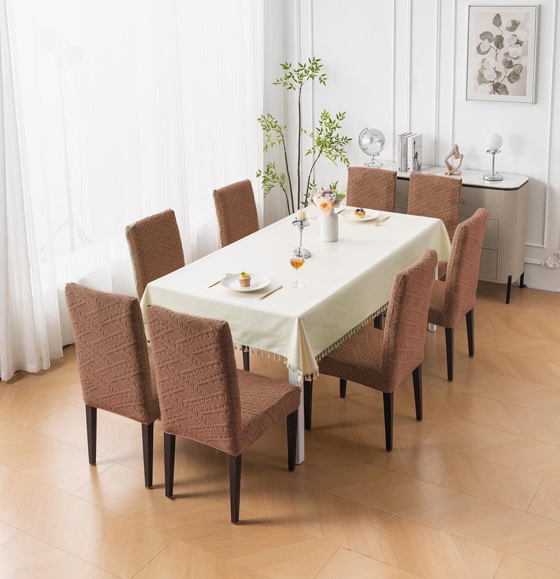 House of Quirk Stretchable Jacquard Chair Cover – 220 GSM Universal Fit Dining Seat Slipcover, Washable & Removable Protector (Brown, Pack of 4) - Image 3