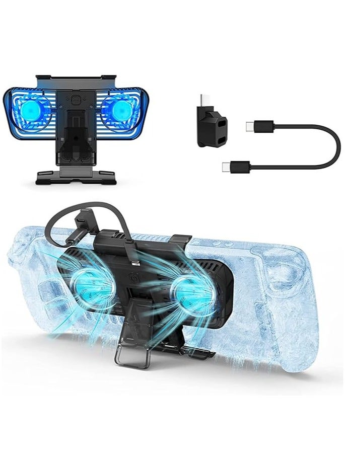 إسكدنيا مروحة تبريد RGB لـ Steam Deck و Nintendo Switch OLED، محضر مروحة تبريد مع قاعدة ومحول USB-C، مدعومة بـ USB-C مع سرعة قابلة للتعديل وإضاءة RGB زرقاء. - Image 1