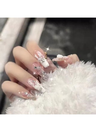 Dreamy Purple Gradient Crystal Butterfly Camellia Press-on Nails with Ballet Shape - view 3