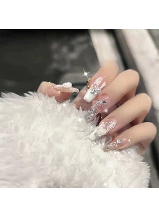 Dreamy Purple Gradient Crystal Butterfly Camellia Press-on Nails with Ballet Shape - view 2