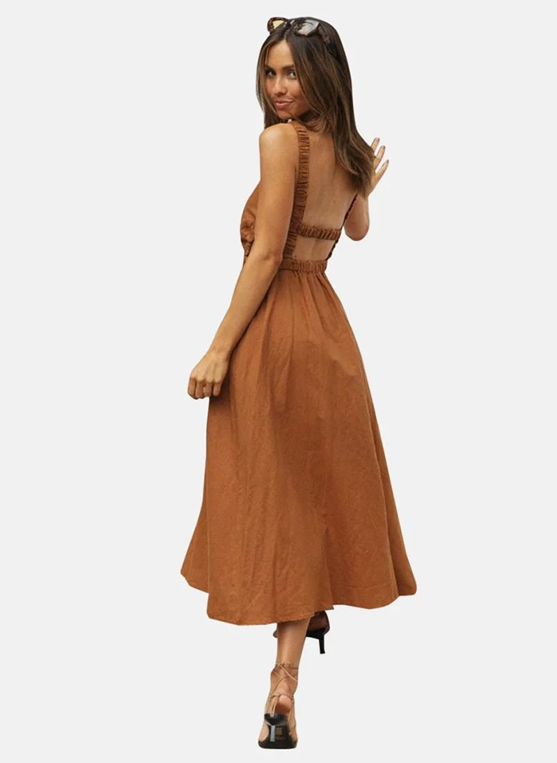 يونيكي Brown Boat Neck Solid Fit & Flared Dress