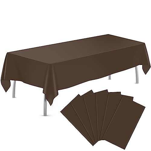 tujol Brown 6 Pack Plastic Table Cloth 54" x 108", Disposable Tablecloths Rectangle Table Cover, Plastic Tablecloths for Parties - Image 1
