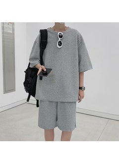 Waffle Sports Suit for Boys with a Set of Handsome Short-Sleeved T-Shirts Trendy Brand Ins Summer Heavyweight Gray top