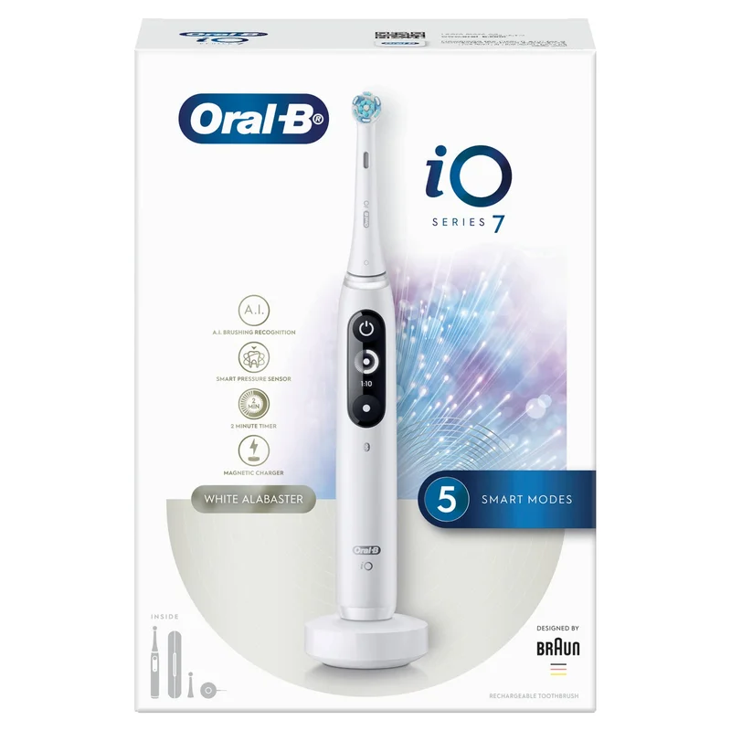 Oral-B iO7 White Alabaster Rechargeable Toothbrush, iO technology, 5 Smart modes, Artificial Intelligence, Interactive Display, 3hrs Fast Magnetic Charger - iOM7.2A1.1B
