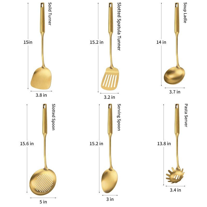 Lazycorner 304 Stainless Steel Cooking Utensil,Kitchen Utensil with Spatula, Solid Spoon, Ladle, Skimmer, Spaghetti Spoon, 6 Piece Set, Dishwasher Safe(Gold) - Image 2