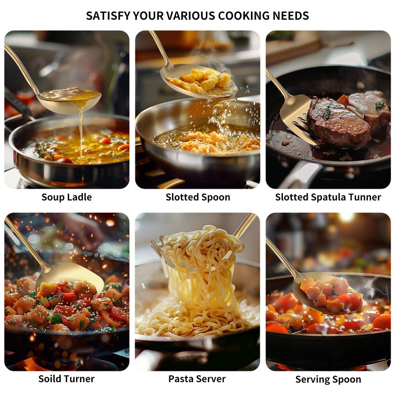 Lazycorner 304 Stainless Steel Cooking Utensil,Kitchen Utensil with Spatula, Solid Spoon, Ladle, Skimmer, Spaghetti Spoon, 6 Piece Set, Dishwasher Safe(Gold) - Image 4