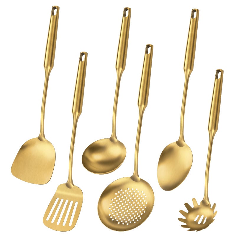 Lazycorner 304 Stainless Steel Cooking Utensil,Kitchen Utensil with Spatula, Solid Spoon, Ladle, Skimmer, Spaghetti Spoon, 6 Piece Set, Dishwasher Safe(Gold) - Image 1