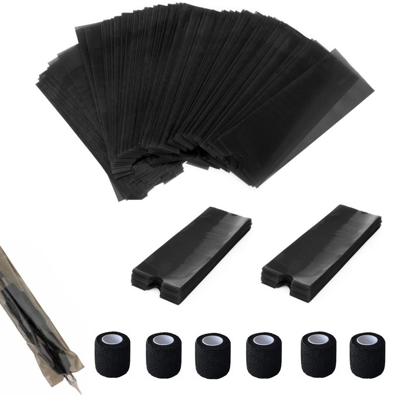 new star tattoo Large 400pcs Tattoo Machine Pen Covers with 6pcs Tattoo Grip Tape Machine Wrap Cover,New Star Tattoo Black Tattoo Pen Cover Grip Cover Tattoo Pen Sleeves with Black Tattoo Grip Wrap Self-Adherent Tape - Image 1