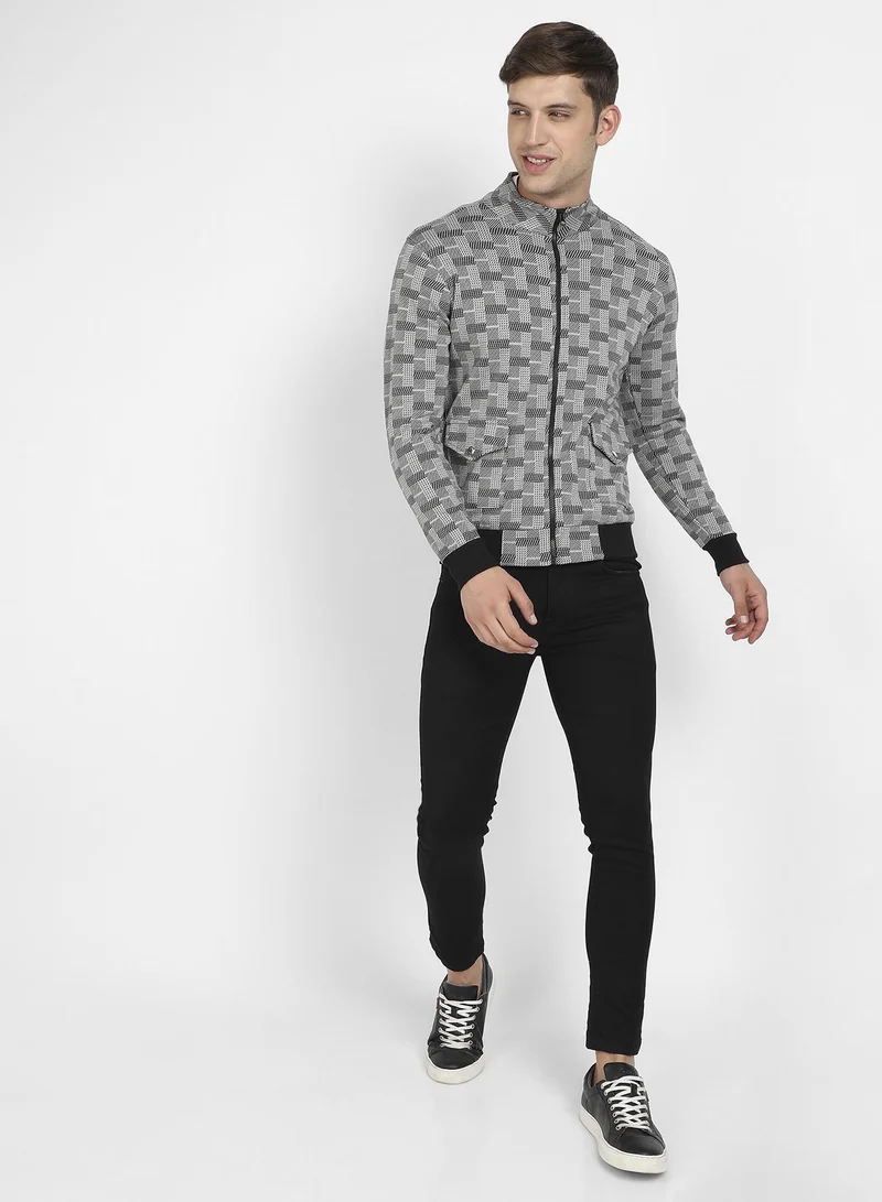 Campus Sutra Men's Grey Textured Jacket With Flap Pocket