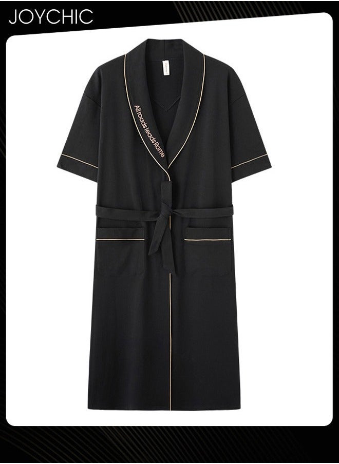 NIBEMINENT Japanese Style Men's Pure Cotton Pajamas Simple Leisure Male Short-sleeved All-in-one Loose Breathable Sleep Robe with Adjustbale Belt for Spring and Summer Autumn Black  - Image 1