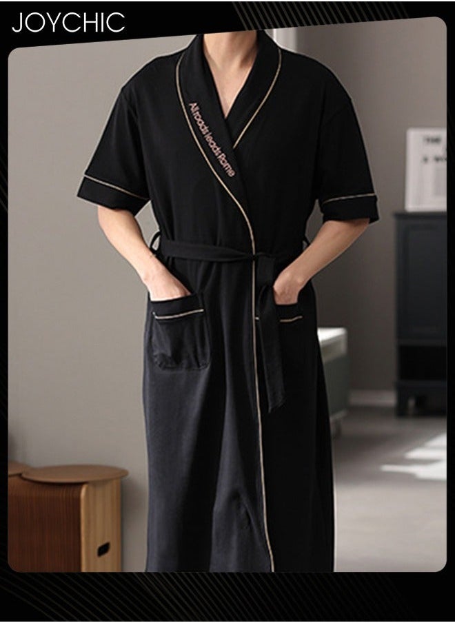 NIBEMINENT Japanese Style Men's Pure Cotton Pajamas Simple Leisure Male Short-sleeved All-in-one Loose Breathable Sleep Robe with Adjustbale Belt for Spring and Summer Autumn Black  - Image 2