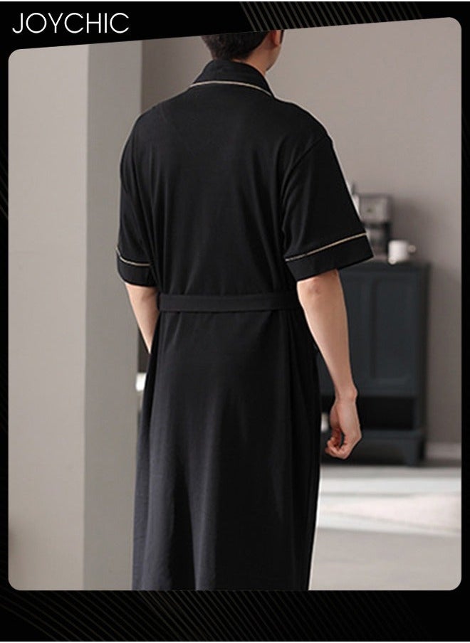 NIBEMINENT Japanese Style Men's Pure Cotton Pajamas Simple Leisure Male Short-sleeved All-in-one Loose Breathable Sleep Robe with Adjustbale Belt for Spring and Summer Autumn Black  - Image 3