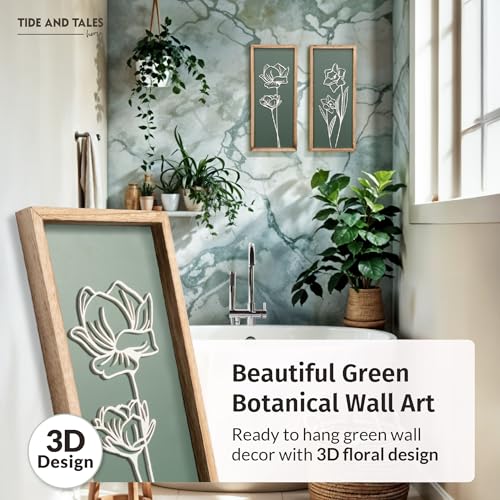 Tide and Tales 3D Floral Green Wall Art (Set of 2) Lightweight, Wooden Ready-to-Hang Boho Framed Wall Art for Bathroom, Bedroom, Living Room or Office – Premium Sage Green Farmhouse Decor – Gift-Boxed - Image 2