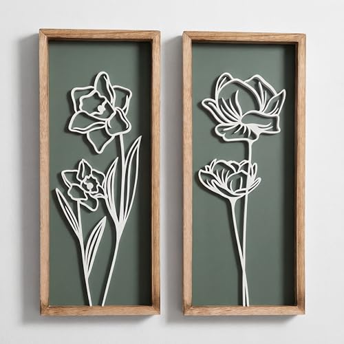 Tide and Tales 3D Floral Green Wall Art (Set of 2) Lightweight, Wooden Ready-to-Hang Boho Framed Wall Art for Bathroom, Bedroom, Living Room or Office – Premium Sage Green Farmhouse Decor – Gift-Boxed - Image 1