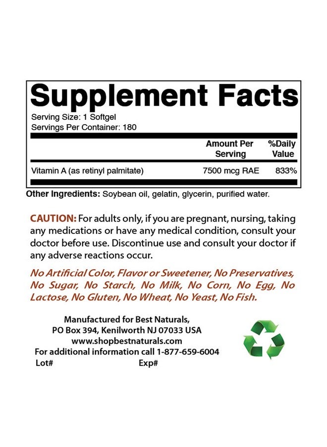 Best Naturals Best Naturals Vitamin A 25000 IU (7500 mcg), Non-GMO Formula Supports Healthy Vision & Immune System and Healthy Growth & Reproduction, 180 Softgels (180 Count (Pack of 2))  - Image 2