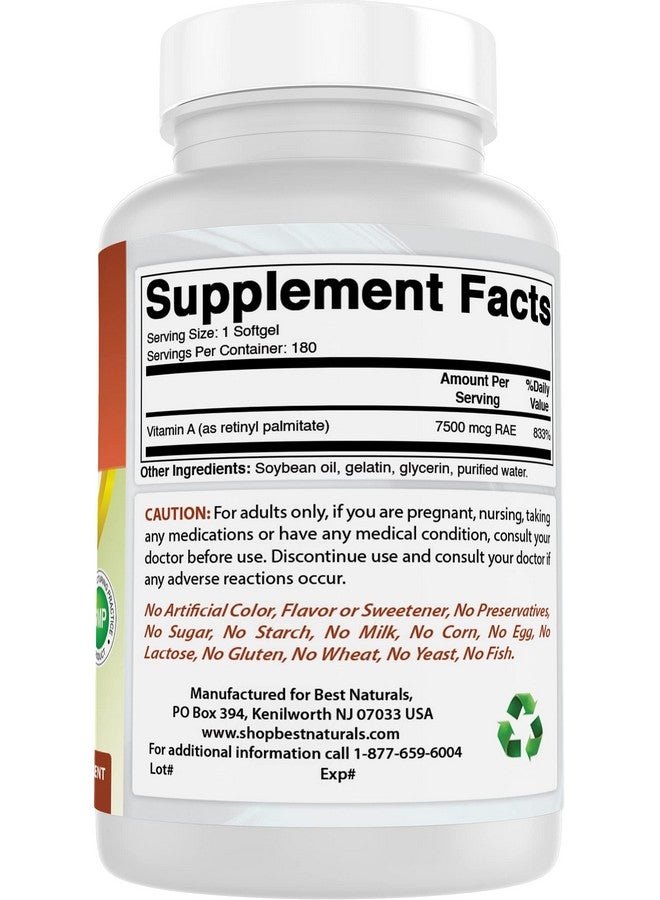 Best Naturals Best Naturals Vitamin A 25000 IU (7500 mcg), Non-GMO Formula Supports Healthy Vision & Immune System and Healthy Growth & Reproduction, 180 Softgels (180 Count (Pack of 2))  - Image 5
