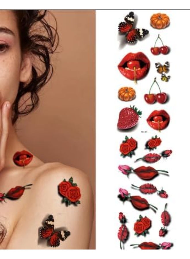 ملصقات تاتو مؤقتة ثلاثية الأبعاد للنساء، تصاميم كرز وشفاه وقلوب وأقواس، رسومات متنوعة، قطعة واحدة-حجم كبير - Image 1
