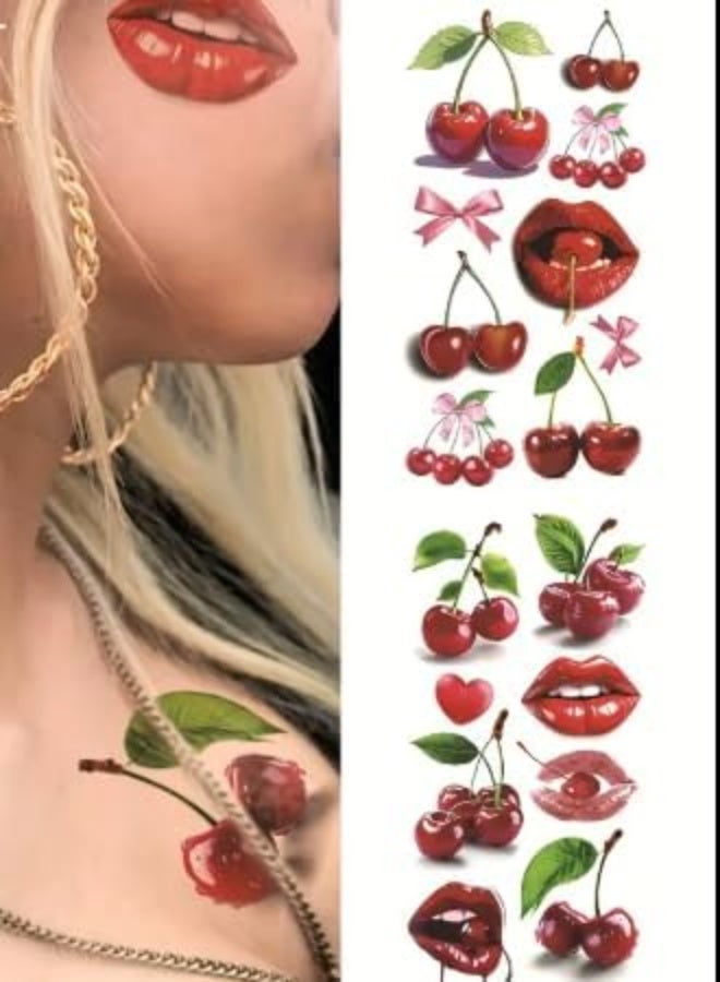 ملصقات تاتو مؤقتة ثلاثية الأبعاد للنساء، تصاميم كرز وشفاه وقلوب وأقواس، رسومات متنوعة، قطعة واحدة-حجم كبير - Image 2