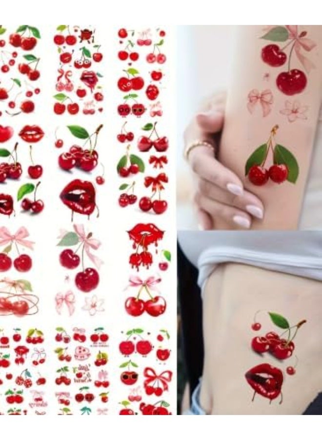 ملصقات تاتو مؤقتة ثلاثية الأبعاد للنساء، تصاميم كرز وشفاه وقلوب وأقواس، رسومات متنوعة، قطعة واحدة-حجم كبير - Image 4