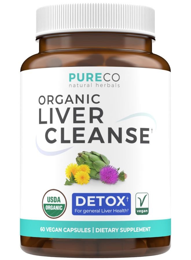 PURE CO Organic Liver Cleanse Detox & Repair (Vegan, Non-GMO) Milk Thistle Extract (80% Silymarin), Dandelion Root, Artichoke Leaf, Yellow Dock - Liver Health Support Supplement - 60 Capsules (No Pills) - Image 1