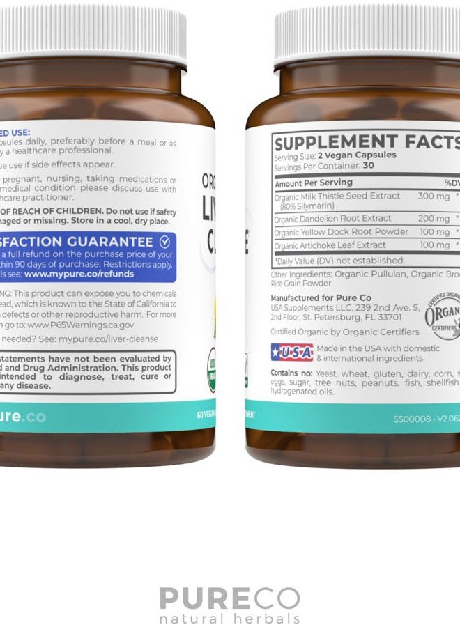 PURE CO Organic Liver Cleanse Detox & Repair (Vegan, Non-GMO) Milk Thistle Extract (80% Silymarin), Dandelion Root, Artichoke Leaf, Yellow Dock - Liver Health Support Supplement - 60 Capsules (No Pills) - Image 5
