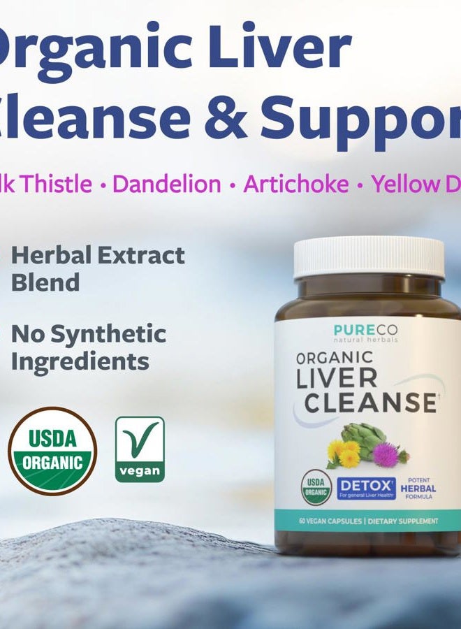 PURE CO Organic Liver Cleanse Detox & Repair (Vegan, Non-GMO) Milk Thistle Extract (80% Silymarin), Dandelion Root, Artichoke Leaf, Yellow Dock - Liver Health Support Supplement - 60 Capsules (No Pills) - Image 2