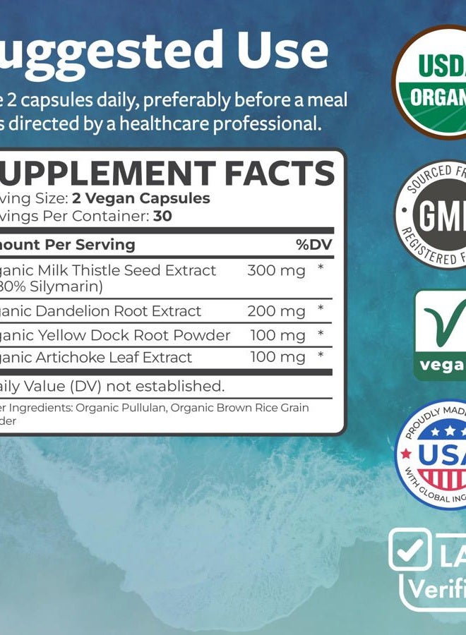 PURE CO Organic Liver Cleanse Detox & Repair (Vegan, Non-GMO) Milk Thistle Extract (80% Silymarin), Dandelion Root, Artichoke Leaf, Yellow Dock - Liver Health Support Supplement - 60 Capsules (No Pills) - Image 3
