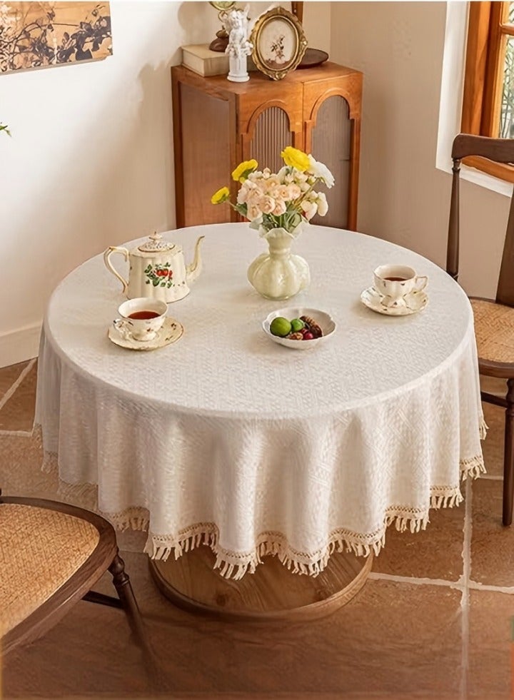 DUNISO Cotton linen tablecloth, tassel jacquard round table tablecloth, waterproof and dustproof, suitable for kitchen, dining room, home，terrace， diameter 150cm, beige  - Image 1