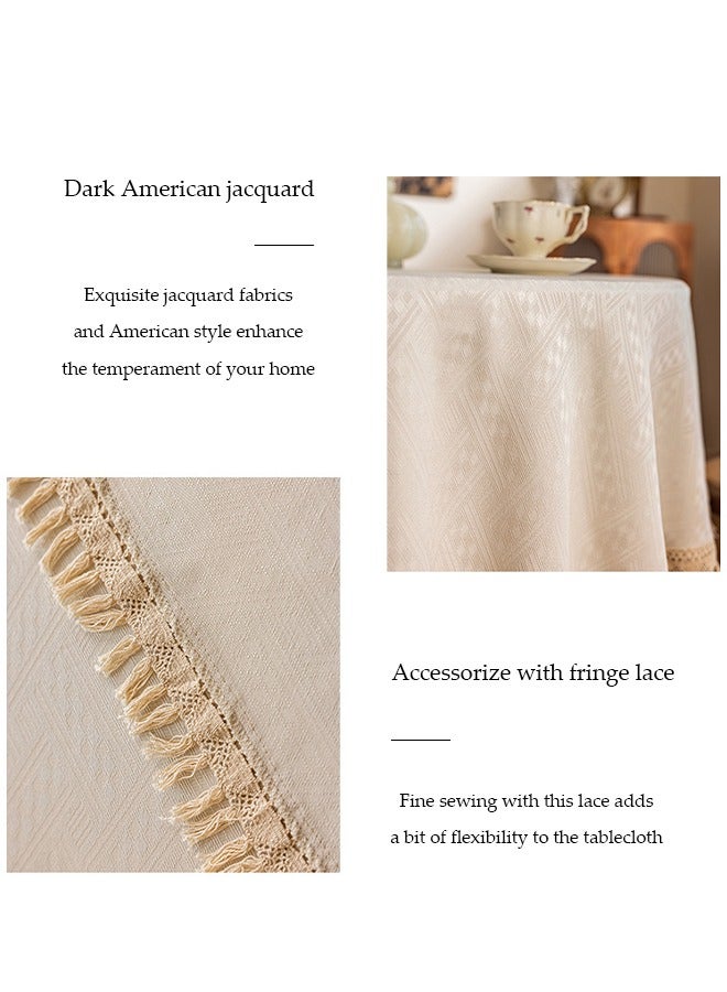 DUNISO Cotton linen tablecloth, tassel jacquard round table tablecloth, waterproof and dustproof, suitable for kitchen, dining room, home，terrace， diameter 150cm, beige  - Image 5
