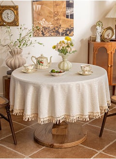DUNISO Cotton linen tablecloth, tassel jacquard round table tablecloth, waterproof and dustproof, suitable for kitchen, dining room, home，terrace， diameter 150cm, beige  - Image 2