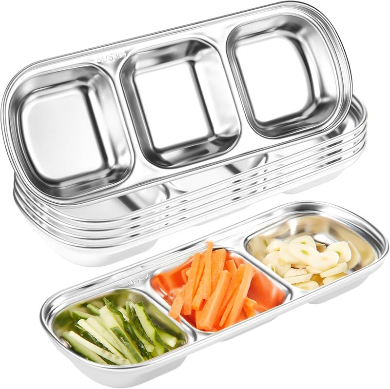 Maxcheck 6 Pcs Soy Sauce Dish Stainless Steel Divided Dip Bowls Korean 3 Compartment Sauce Plate Seasoning Dipping Condiment Tray for BBQ Vinegar Spice Salt Sugar Flavor Home Restaurant Silver - Image 1