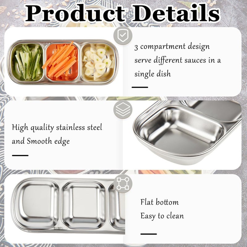Maxcheck 6 Pcs Soy Sauce Dish Stainless Steel Divided Dip Bowls Korean 3 Compartment Sauce Plate Seasoning Dipping Condiment Tray for BBQ Vinegar Spice Salt Sugar Flavor Home Restaurant Silver - Image 3