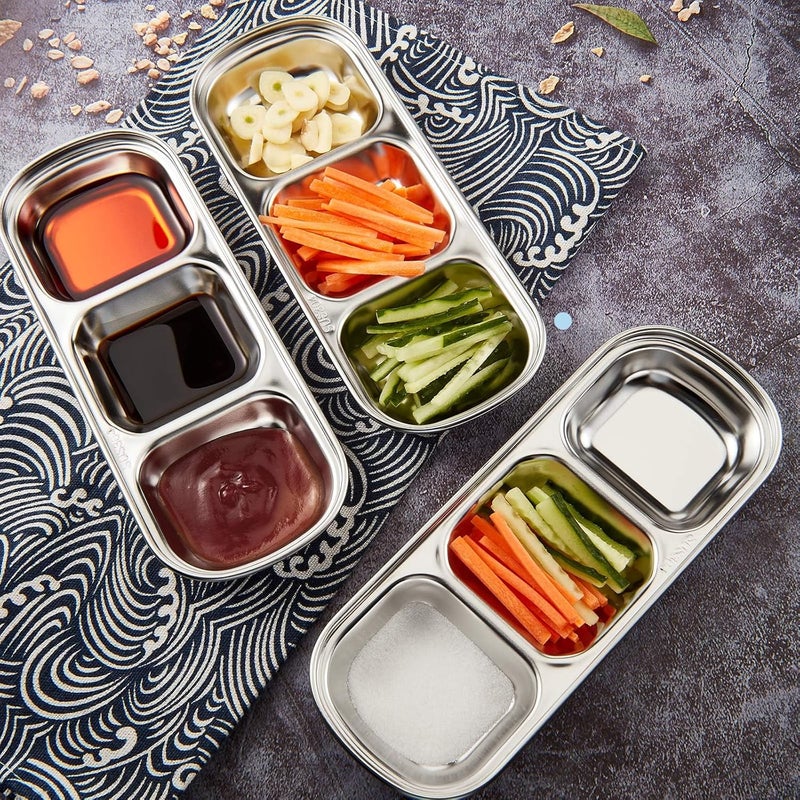 Maxcheck 6 Pcs Soy Sauce Dish Stainless Steel Divided Dip Bowls Korean 3 Compartment Sauce Plate Seasoning Dipping Condiment Tray for BBQ Vinegar Spice Salt Sugar Flavor Home Restaurant Silver - Image 5