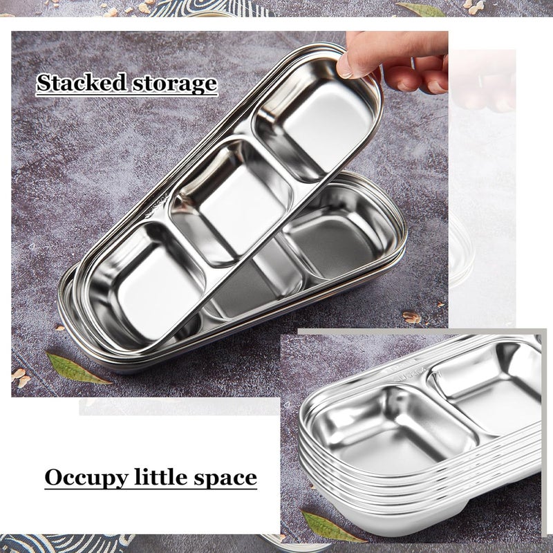 Maxcheck 6 Pcs Soy Sauce Dish Stainless Steel Divided Dip Bowls Korean 3 Compartment Sauce Plate Seasoning Dipping Condiment Tray for BBQ Vinegar Spice Salt Sugar Flavor Home Restaurant Silver - Image 4