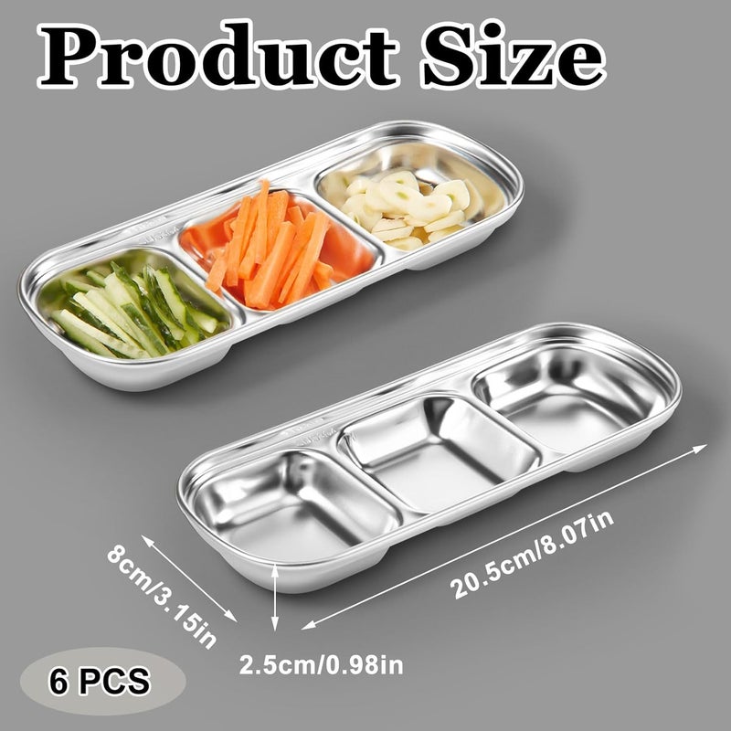 Maxcheck 6 Pcs Soy Sauce Dish Stainless Steel Divided Dip Bowls Korean 3 Compartment Sauce Plate Seasoning Dipping Condiment Tray for BBQ Vinegar Spice Salt Sugar Flavor Home Restaurant Silver - Image 2