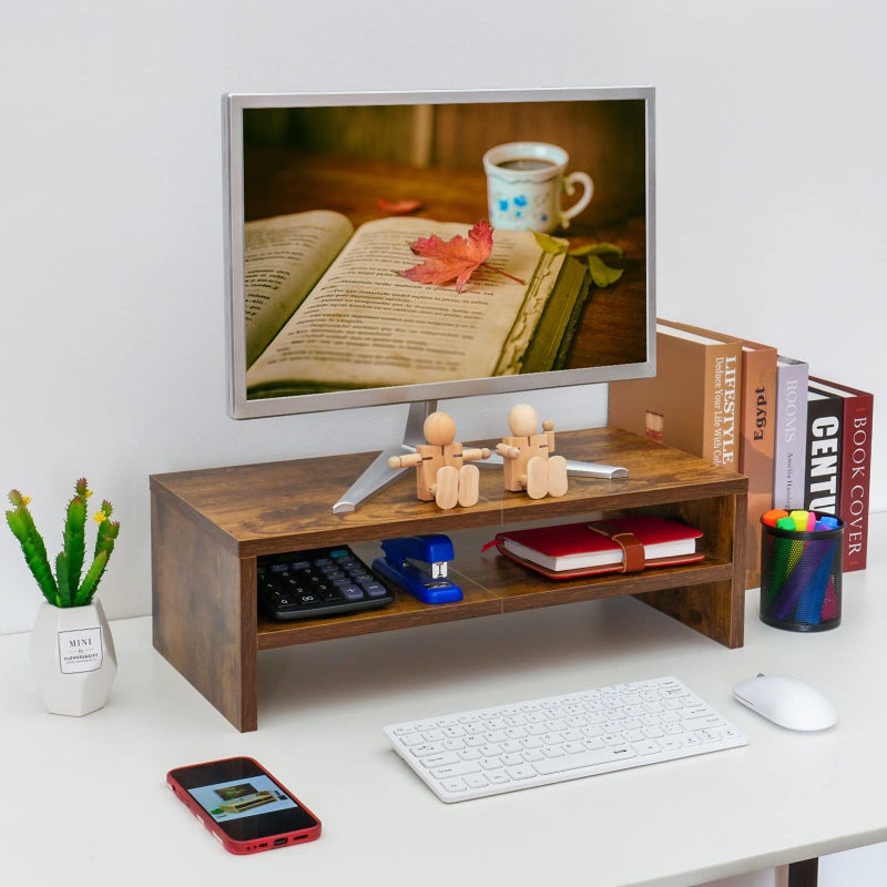 TEAMIX 2 Tier Wooden Monitor Riser Stand, Desktop Stand with storage for Laptop/PC/Printer/Keyboard, TV Stand Shelf Home Office Desk Accessories - Image 3