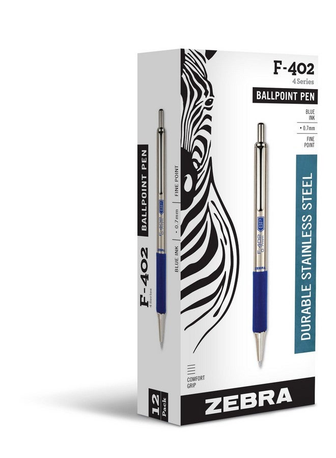 Zebra Pen F-402 Retractable Ballpoint Pen, Stainless Steel Barrel, Fine Point, 0.7mm, Blue Ink, 12-Pack - Image 1