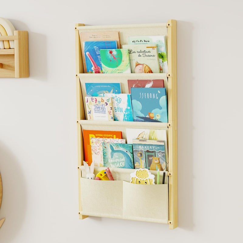 Wood 4Tier Wall Mounted Kids Bookshelf  Floating Book Shelf For Kids RoomsNursery  Classroom Hanging Bookcase Organizer For Books Toddler Book Shelf Montessori Bookshelf Nursery Shelves
