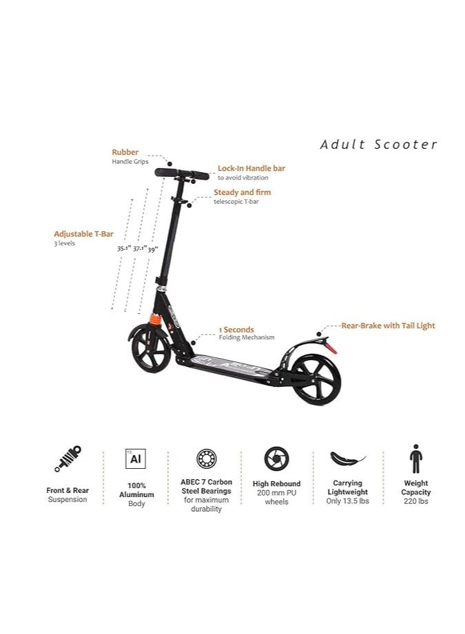 Kids/Adult Scooter with 3 Seconds Easy-Folding System, 220lb Folding Adjustable Scooter with/Without Disc Brake and 200mm Large Wheels (Black-Middle) black - Image 4