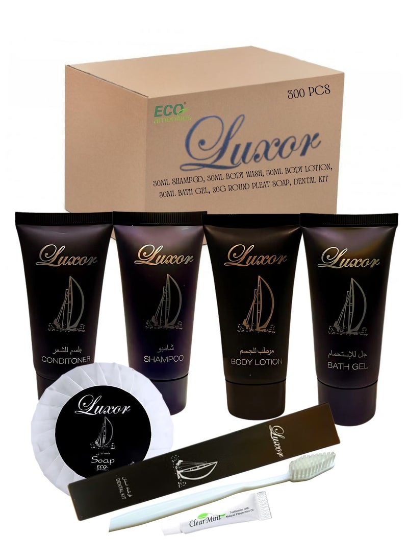 Luxor All-in-One Hotel Amenities Kit (300 pcs) | Eco-Friendly Toiletries Set with 30ml Shampoo, Conditioner, Bath Gel, Body Lotion, 20g Soap & Dental Kit | Travel, Hotel & Guest Bathroom Supplies - Image 1