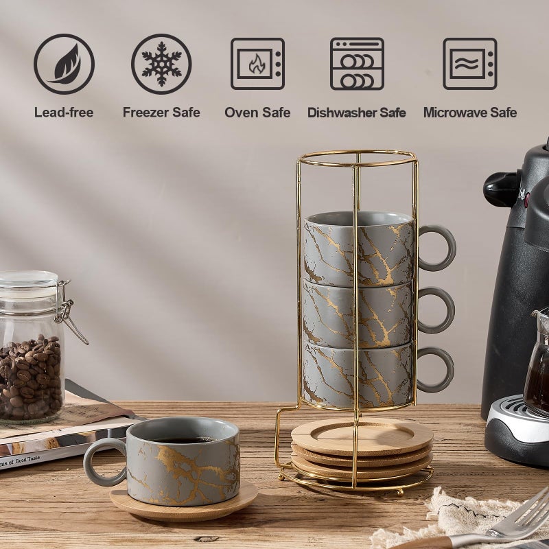 Luka 6 Ounce Porcelain Stackable Espresso Cups With Saucers And Metal Stand Set Of 4  Ceramic Cappuccino Cups Set For Specialty Coffee Drinks  Latte  Cafe Mocha And Tea  Gray - Image 4