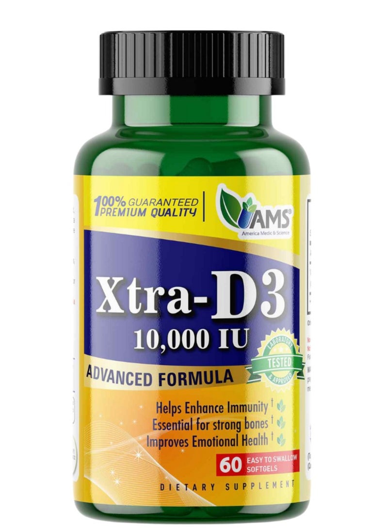 AMS Xtra D3 Vitamin D 10,000 IU (250 mcg) Cholecalciferol Supplement for Men & Women (60 Easy to Swallow Softgels) - Image 1
