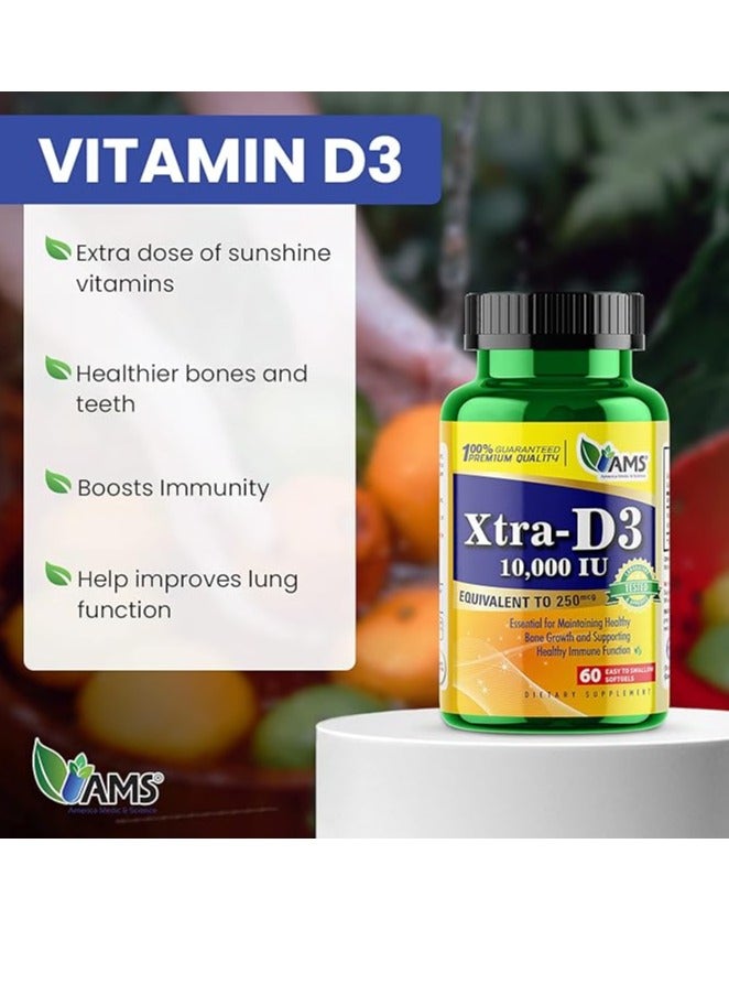 AMS Xtra D3 Vitamin D 10,000 IU (250 mcg) Cholecalciferol Supplement for Men & Women (60 Easy to Swallow Softgels) - Image 2