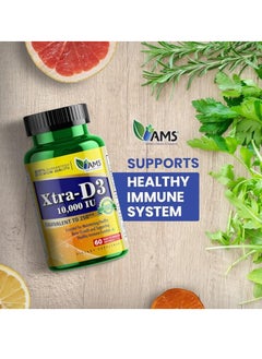 AMS Xtra D3 Vitamin D 10,000 IU (250 mcg) Cholecalciferol Supplement for Men & Women (60 Easy to Swallow Softgels)  - Image 3