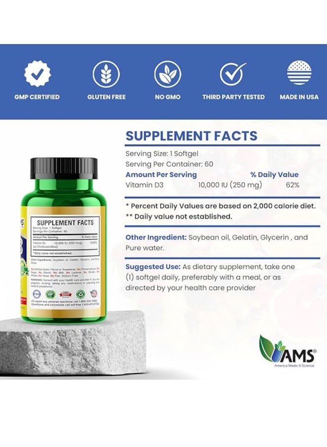 AMS Xtra D3 Vitamin D 10,000 IU (250 mcg) Cholecalciferol Supplement for Men & Women (60 Easy to Swallow Softgels) - Image 5