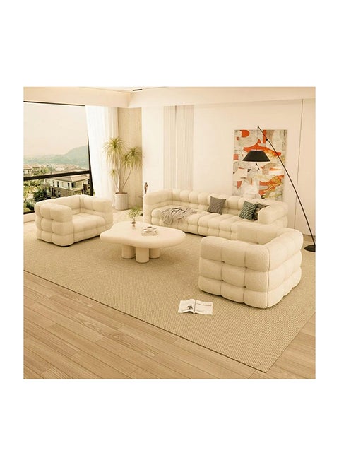 Overstuffed Multifunction Cloud Shaped Boucle Fabric Sofa Set in White Color 3 + 2 Seater + Ottoman
