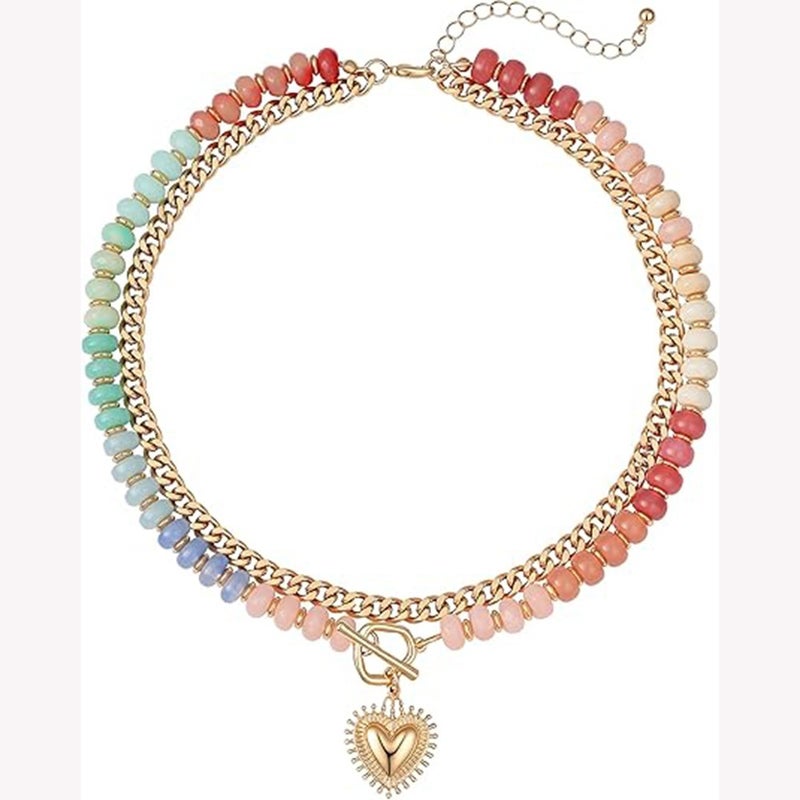 Women's Heart Pendant Necklace, Boho Colorful Beaded Necklace - Image 1
