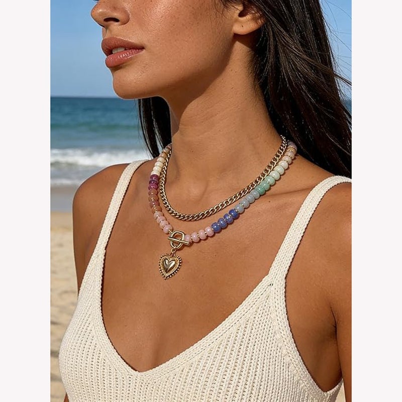 Women's Heart Pendant Necklace, Boho Colorful Beaded Necklace - Image 4