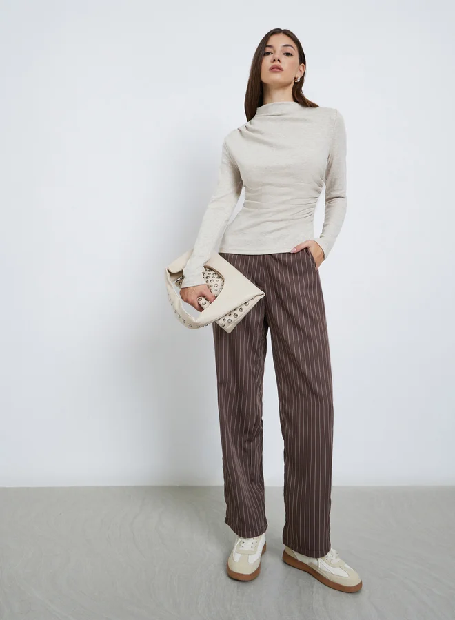 Styli Styli Beige High Neck Slim Fit Knit T-Shirt