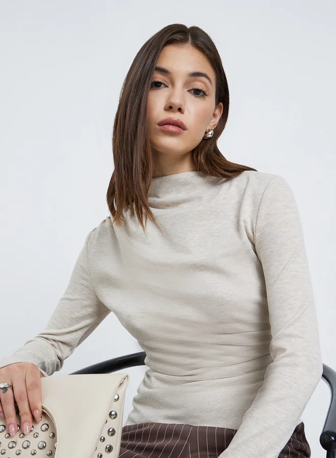 Styli Styli Beige High Neck Slim Fit Knit T-Shirt